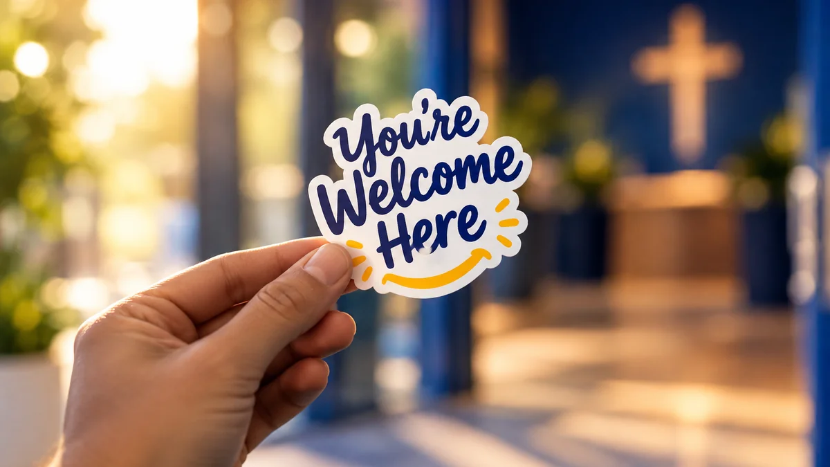 Hand holding a 'You're Welcome Here' sticker in front of the church