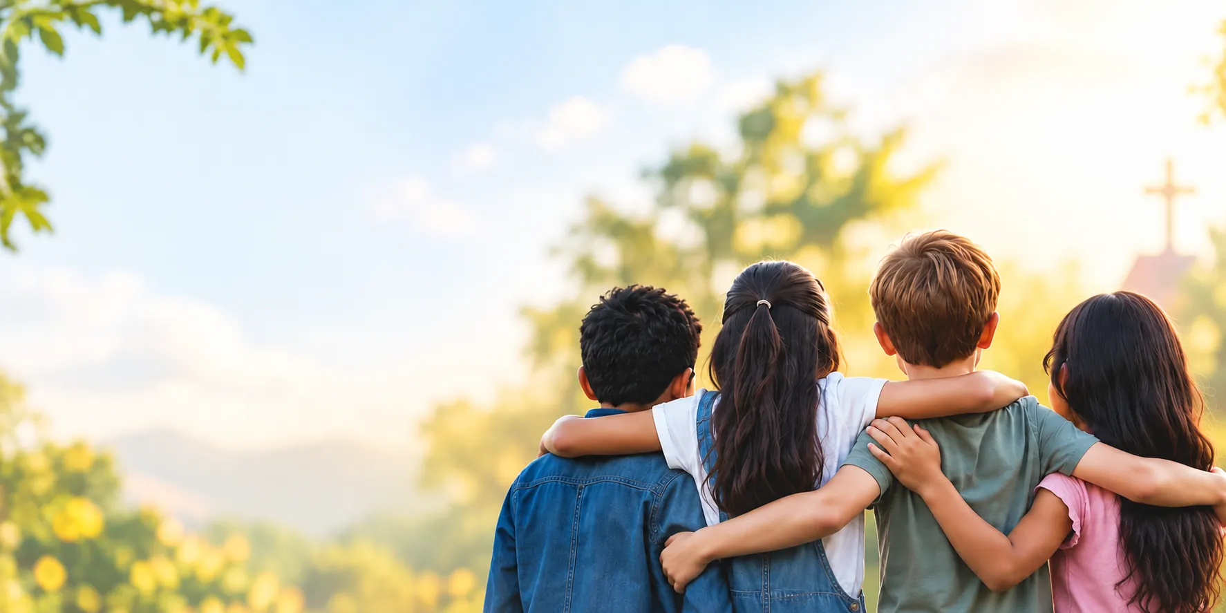 Children and young people standing together with their arms around one another, seen from behind