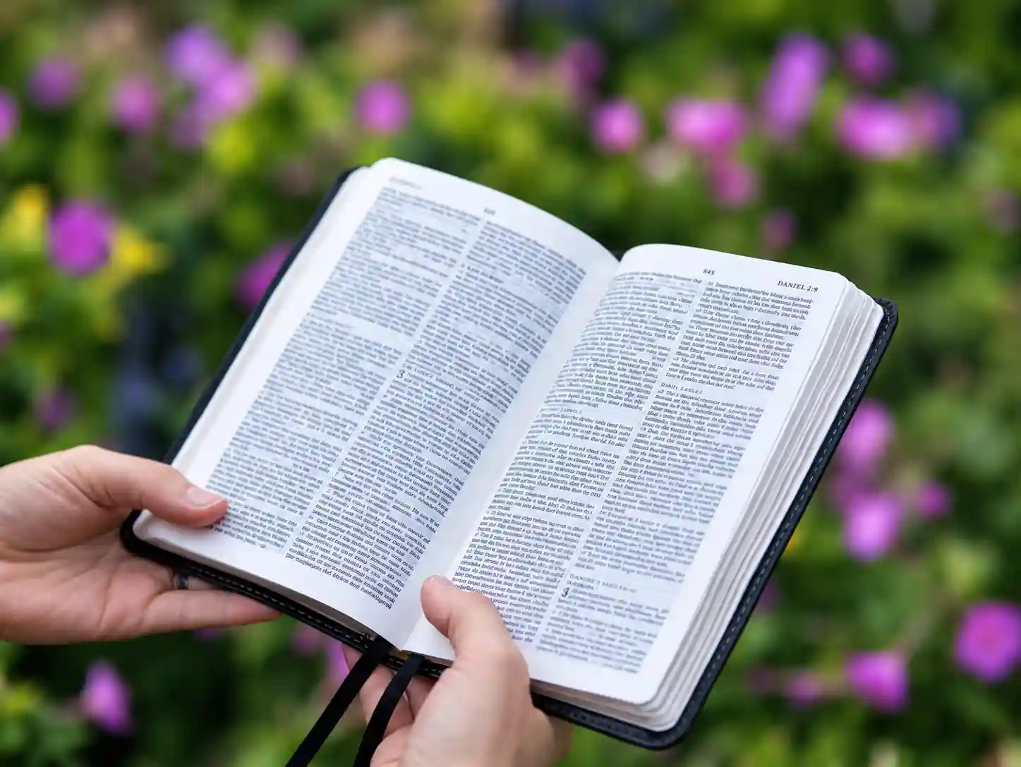 An open Bible held in hands, surrounded by blossoms